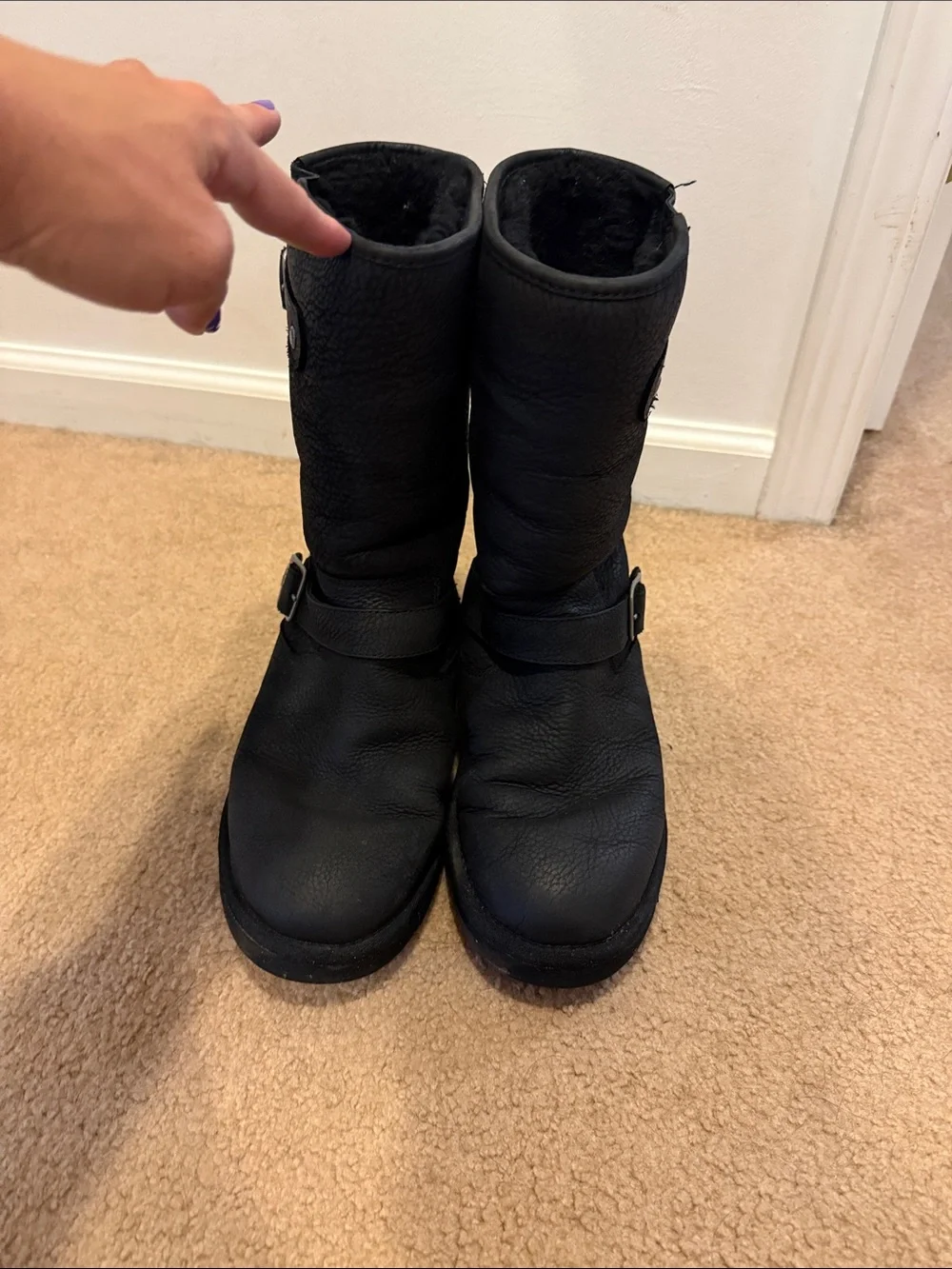 UGG Black Leather Mid-Calf Boots with Silver Buckles